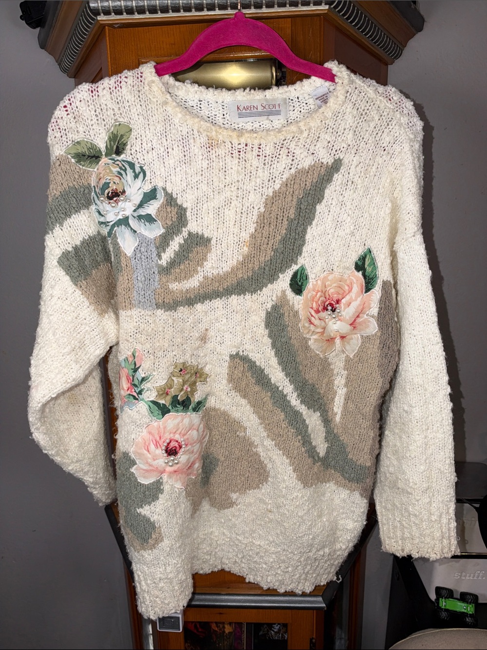 Karen Scott Cream Floral Appliqué Crewneck Sweater
